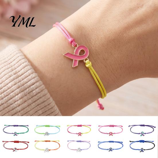 Braided Rope Wristband 2 Pcs Breast Cancer Awareness Bracelets, Adjustable String Ribbon Bracelet Bracelets with Charm, Inspirational Gifts for Women