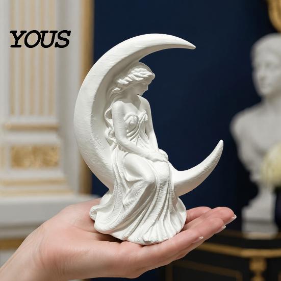 Small Desk Decor Moon Goddess Fairy Figurine, Matte White Sculpture, 3D Printed PLA Modern Home Decoration Winged Statue, Mystical Fantasy Ornament