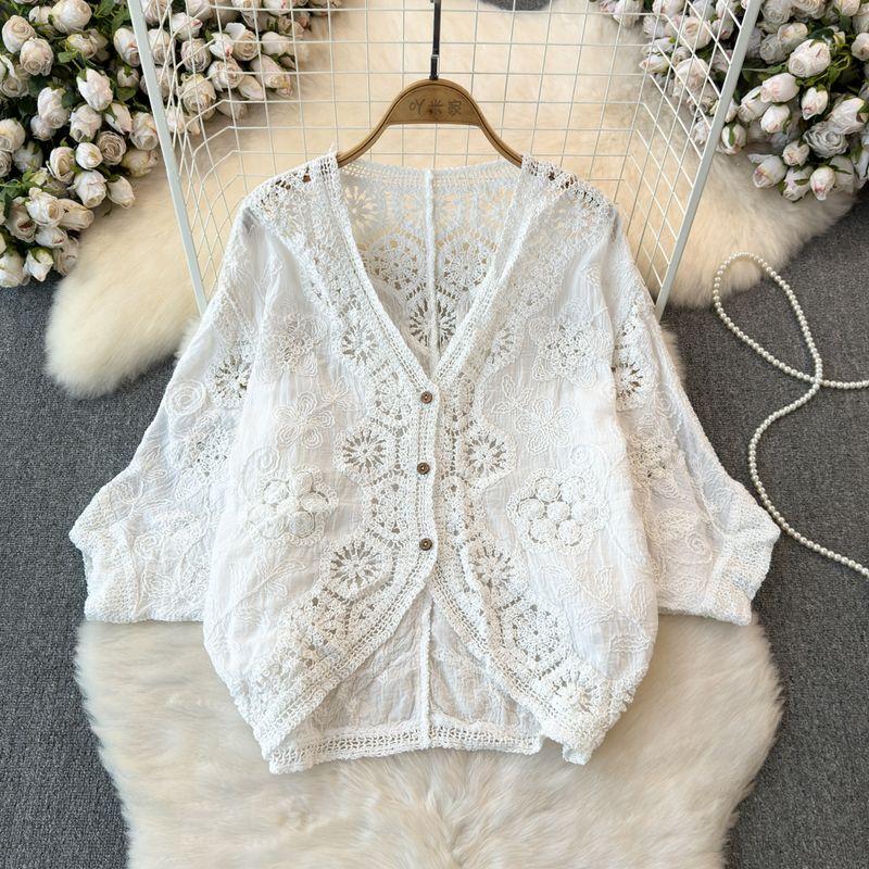 

K-style V Neck Retro Lace Coat Top Lace White One size