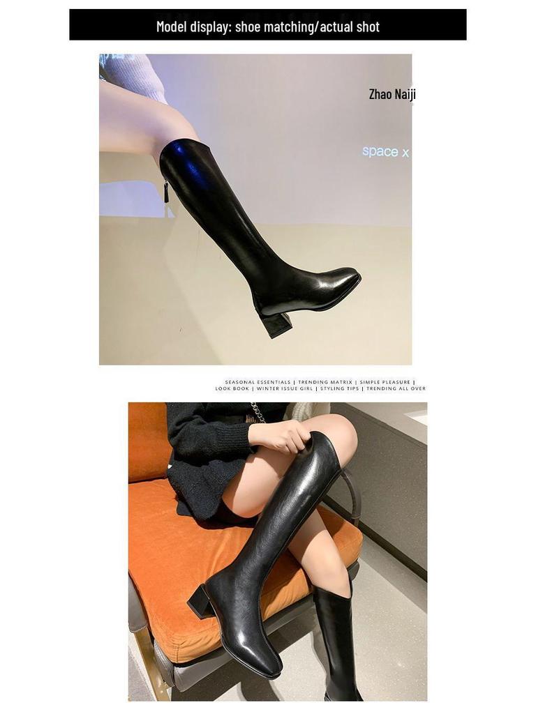 Dámské kozačky nad koleno s robustním podpatkem a čtvercovou špičkou - kolekce podzim/zima 2025