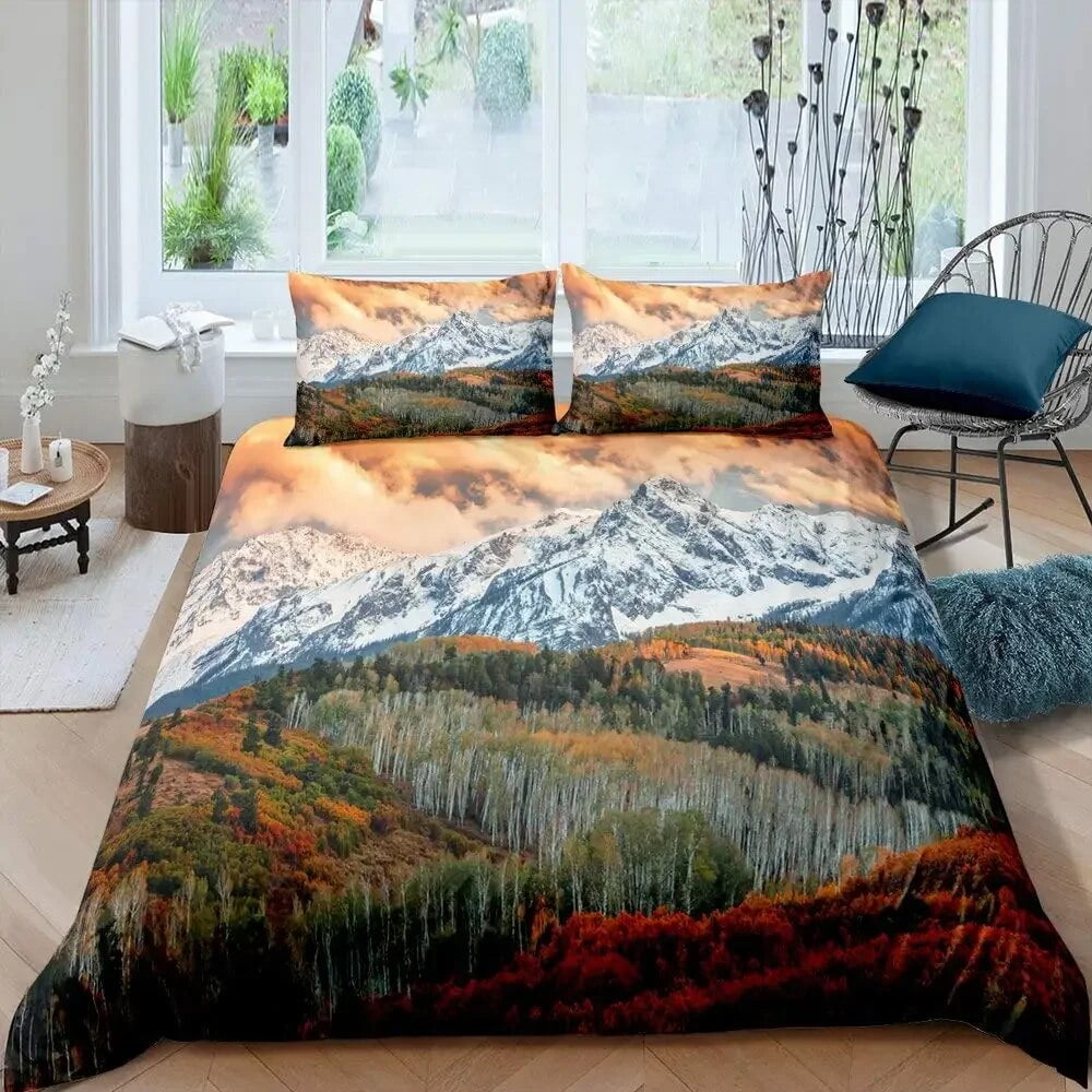 Soft with Soft Fabric Duvet Cover Set Stuning Snow-Caped Mountains Grazing Horses Design Perfect for Nature Lovers Soft Warm plus Breathable Quen