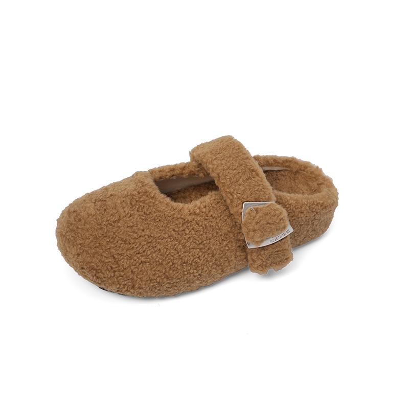 

Fashion Rose Red Round Toe Lambswool Ballet Flats Woman Warm Teddy Fur Mary Jane Shoes Ladies Brand Design Winter Fluffy Mule Slippers 35