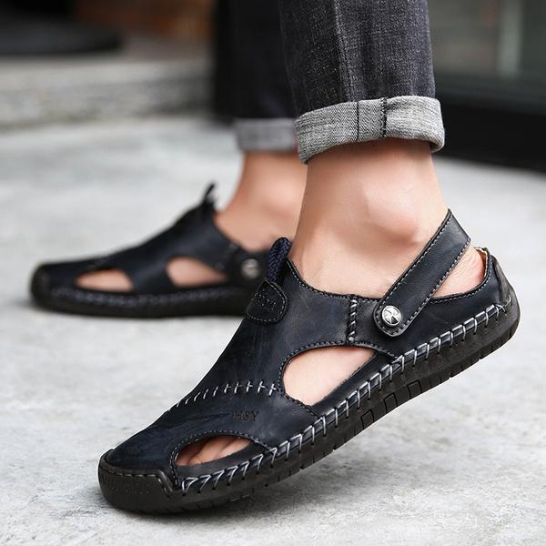 Men's Fashion Casual Shoes Genuine Leather Sandals Outdoor Flat Shoes Beach Sandals Breathable Loafers Plus Size 38-48
