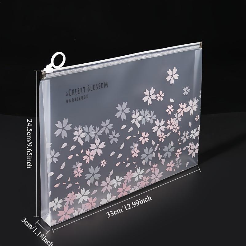 4pcs A4 Zipper File Bag Transparent Pink Cherry Blossom Pattern Office Home Travel Document Lightweight Storage and Organization