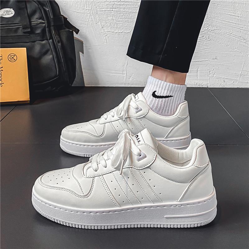Men's Autumn Leather Breathable Casual Sneakers - Trendy All-Match White Shoes for Teenagers and Students