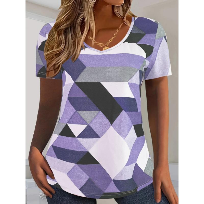 

VEZFAA Женские модные повседневные летние весенние блузки и рубашки с v-образным вырезом и короткими рукавами с геометрическим принтом XXL синий