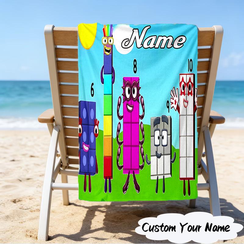 1PC Custom Name Number Blocks Adventure Heart Beach Towel, Lightweight Quick-Dry for Man Woman, for Summer Travel, Swimming Pool Birthday Gift