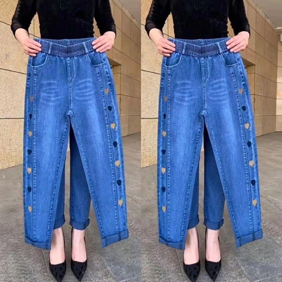 Spring Autumn High Waist Loose Fit Harem Denim Pants For Women With Heart Print
