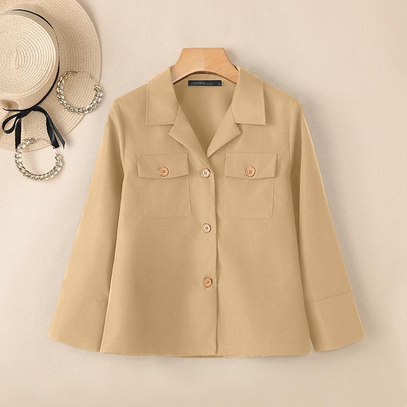 ZANZEA Women Casual Turn Down Collar Solid Color 3/4 Sleeve Cardigan Blouse