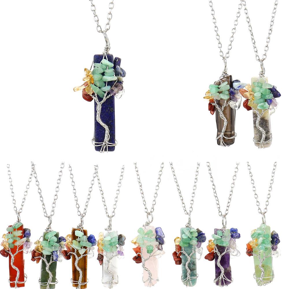 Natural Stone Irregular Crystal Strip Winding Gravel Tree Of Life Pendant Necklace N673