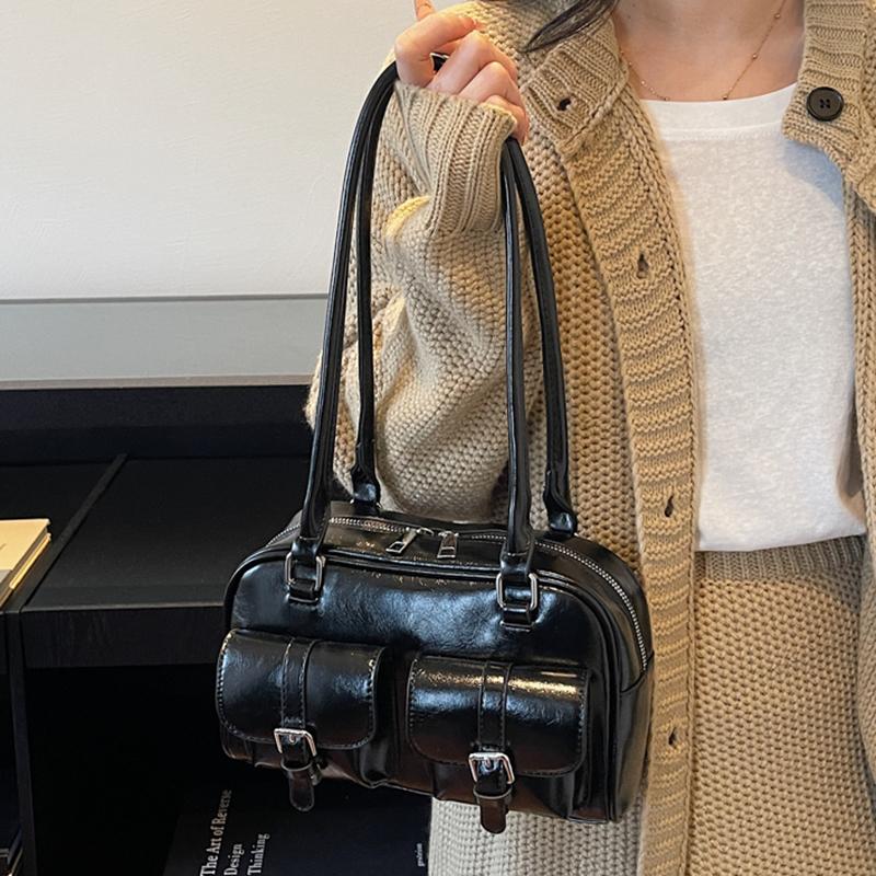 2025 Winter Retro PU Leather Double Pockets Underarm Bags For Women Y2K New Korean Fashion Female Shoulder Bag Stylish Handbags