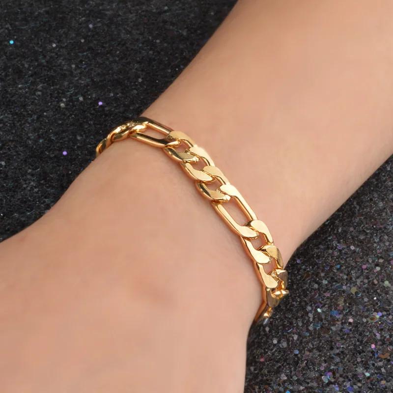 8 Inch Gold Bracelet 8MM Gold/Silver Color Full Side Figaro Chain Bracelet for Woman Man Fashion Wedding Jewelry Gift