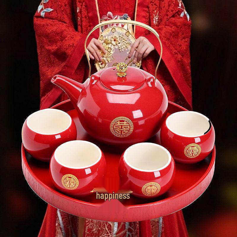 Red Chinese Wedding Tea Set: Complete Gift with Bride's Dowry Tray & Teapot