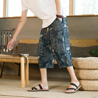 Summer Loose Casual Harajuku Y2K Printing Cotton Linen Harem Shorts Male Elastic Waist Streetwear Fashion All-match
