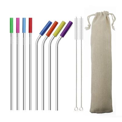 Colorful Drinking Straw 304 Stainless Steel Reusable Straw Straight Bent Metal Straw with Silicone Tips Cleaner Brush