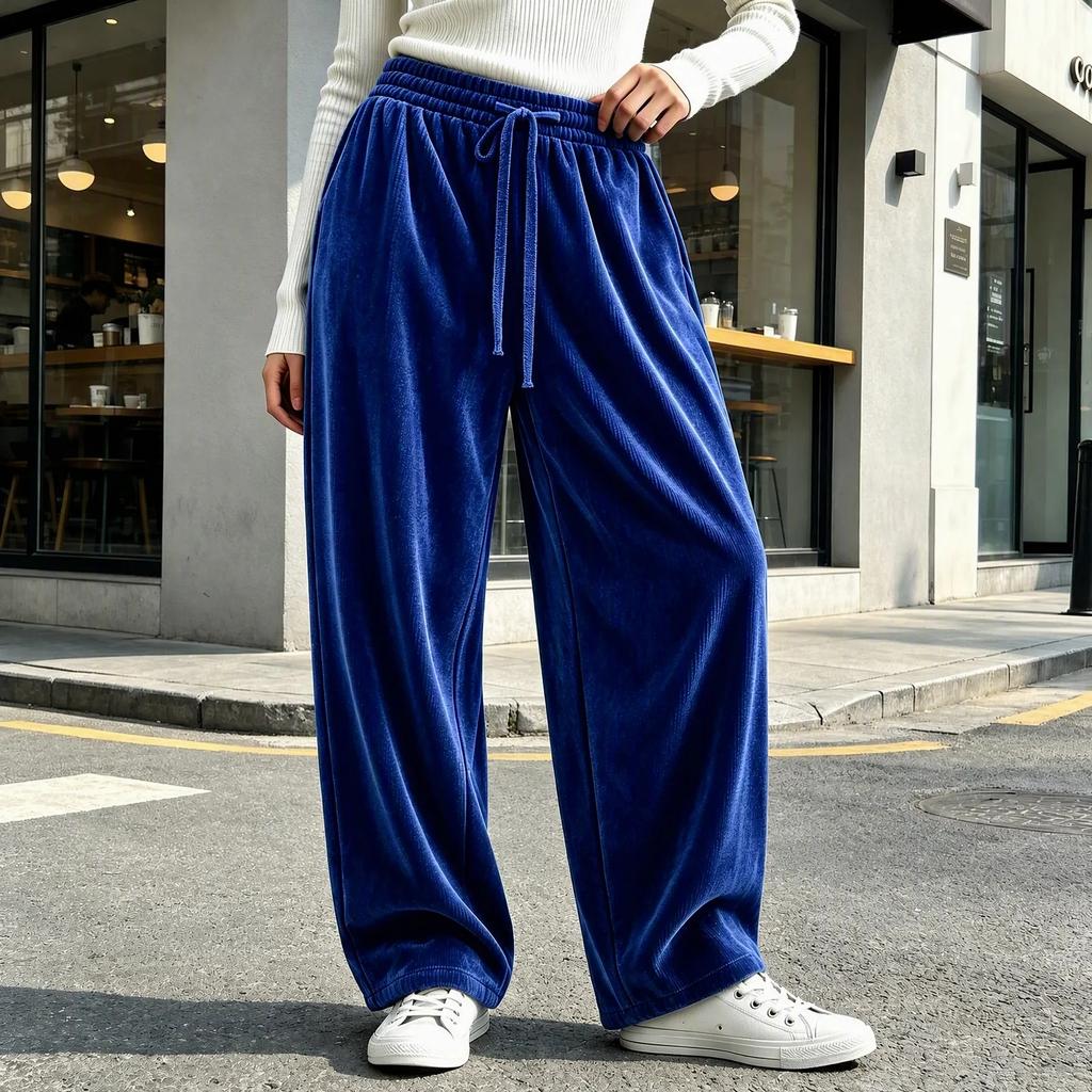 Women's Fashion High Waist Pants, Korean Velvet Casual Long Trousers for Everyday Wear