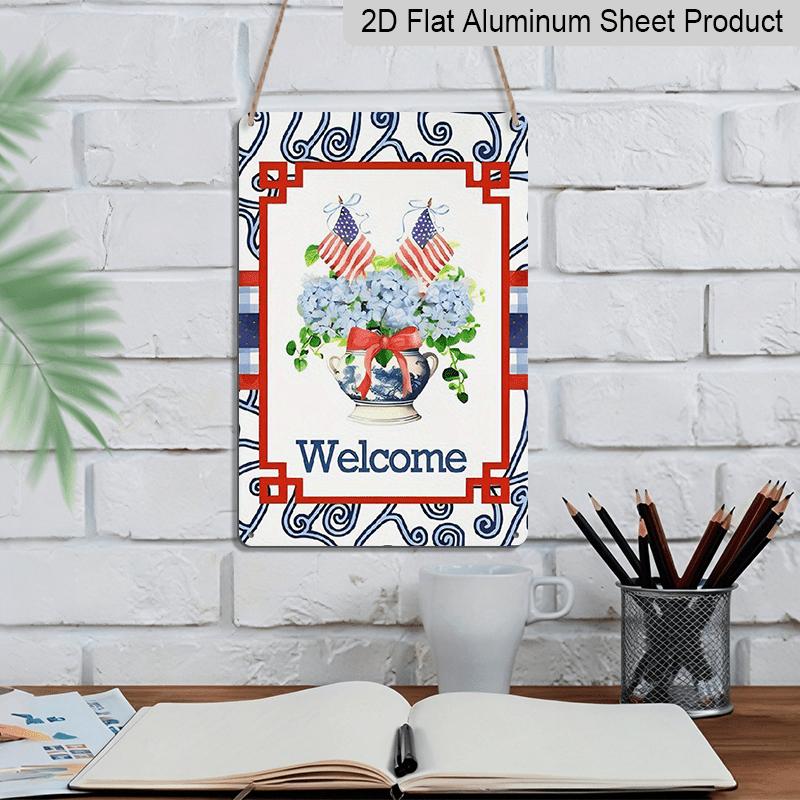 2D Flat, 1pc Patriotic "Welcome" Hydrangea Aluminium Sign - 8"x12" Rustic Red White Blue Decor, USA Flag & Floral Porch Art, Perfect for Independence