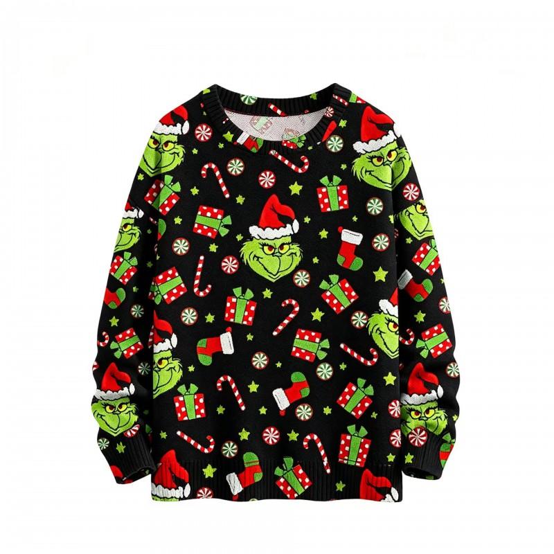 Womens Loose Fit Crew Neck Christmas Grinch Print Long Sleeve Sweater Casual Trendy Pullover In Multiple Colors