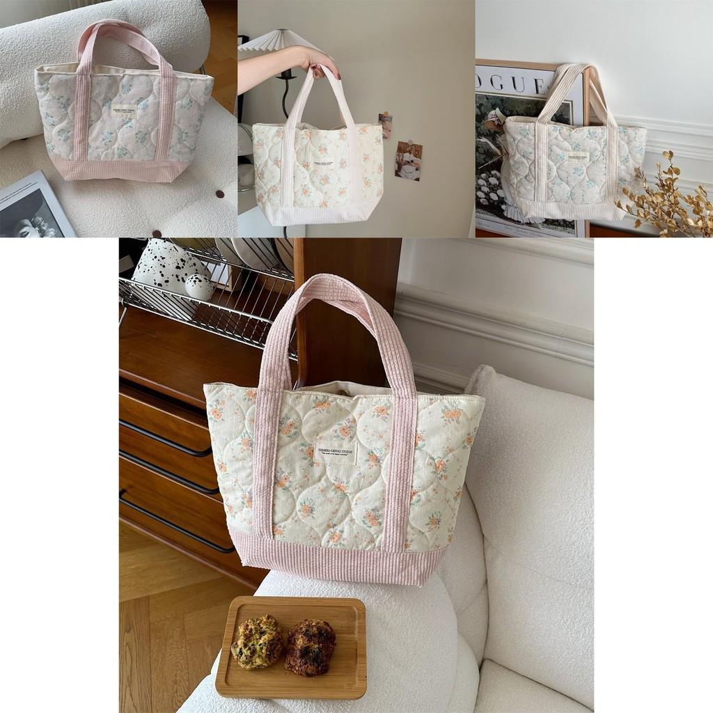Stylish Korean Canvas Tote Bag With Floral Patchwork Design For Casual Use And Shopping