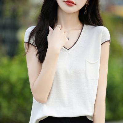 Neues Sommer-Farbblock-T-Shirt aus reiner Baumwolle mit kurzen Ärmeln und V-Ausschnitt für Damen, locker geschnitten, kurze Oberbekleidung, vielseitiger Damenpullover