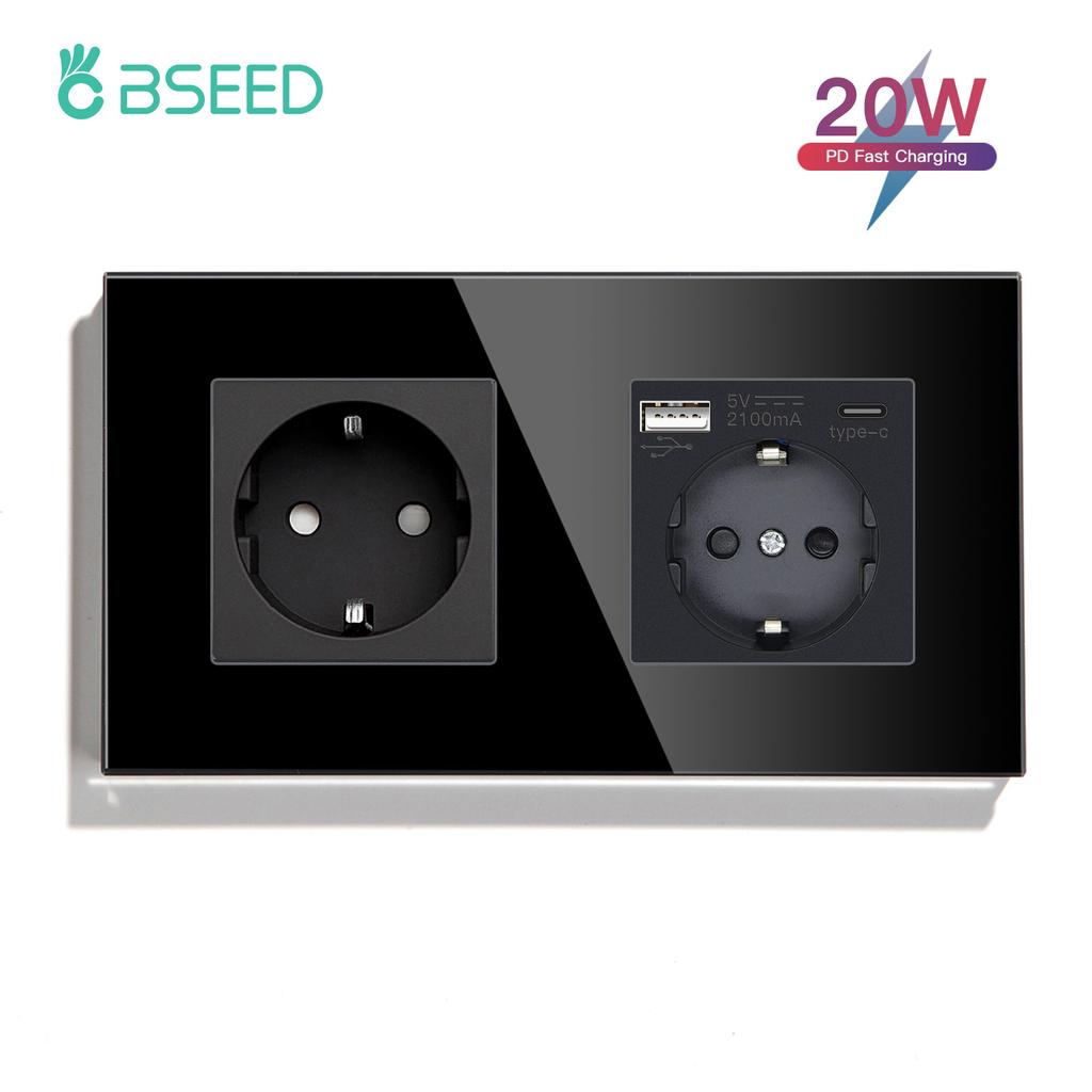 BSEED Double EU Wall Socket Type-c USB Power Sockets Android Apple Mobile Phone Charging Ports Glass Panel 16A