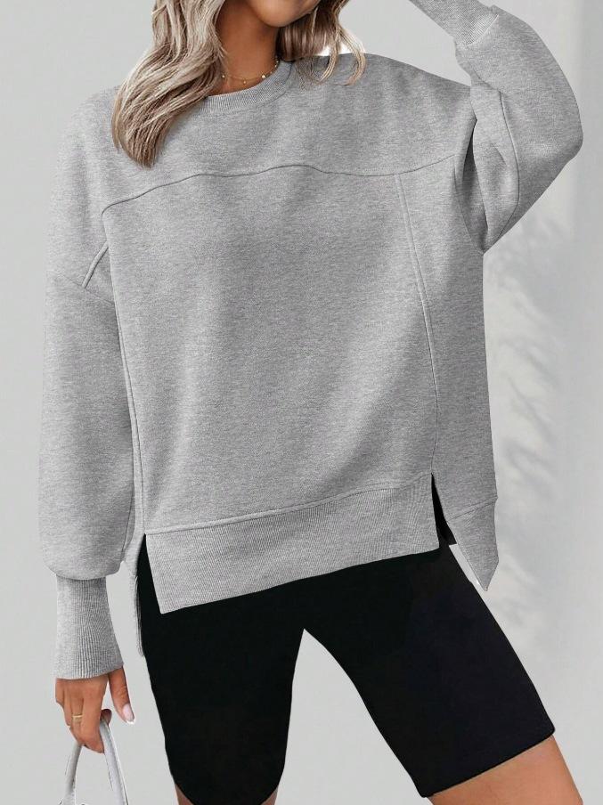 Women S Loose Fit Round Neck Long Sleeve Split Hem Casual Sweatshirt S