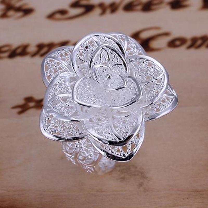 Lady Girl Elegant Silver Plated Hollow Out Flower Shaped Opening Finger Ring