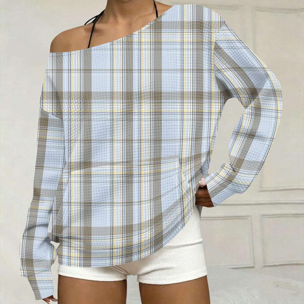 Damen Freizeit Karo-Print Off-Shoulder Langarm Locker geschnittenes Sweatshirt mit Taschen