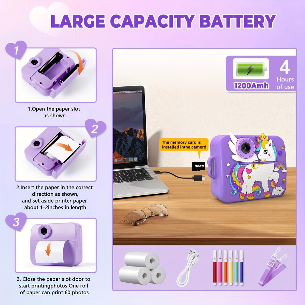 Kids Camera Instant Print with Silicone Cover, Creative Gifts for Girls Age 12+ Birthday , 1080P Digital Camera Toy
