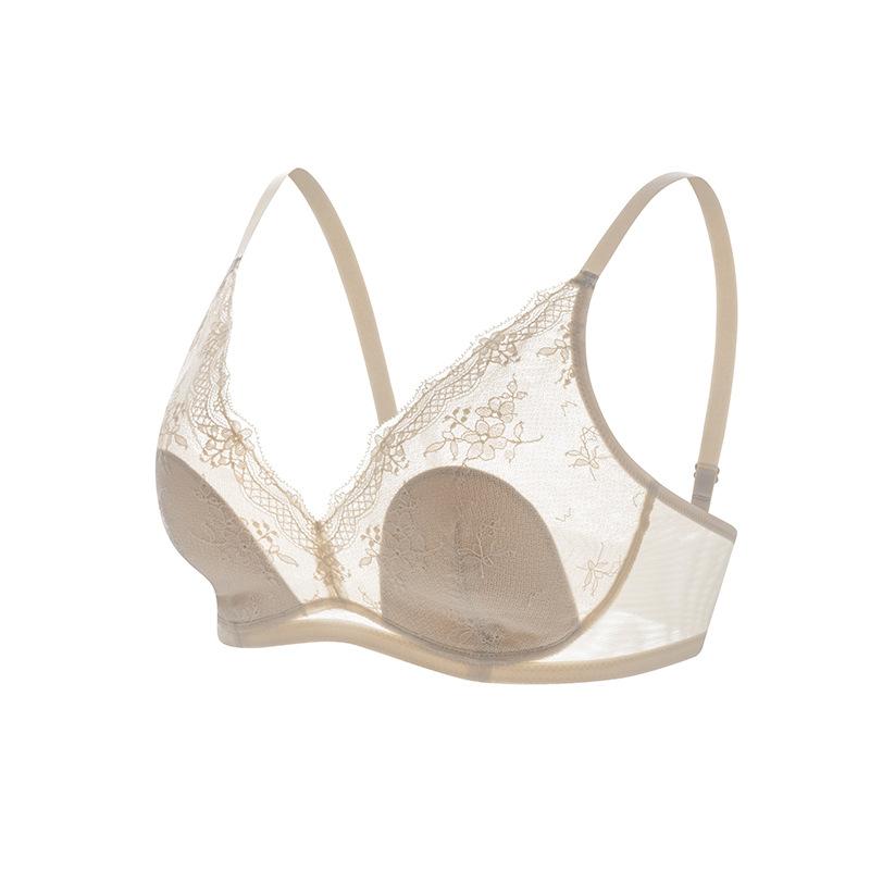 Silk stretch satin French rabbit ear cup bra, mulberry silk V-neck lace ultra-thin breast underwear