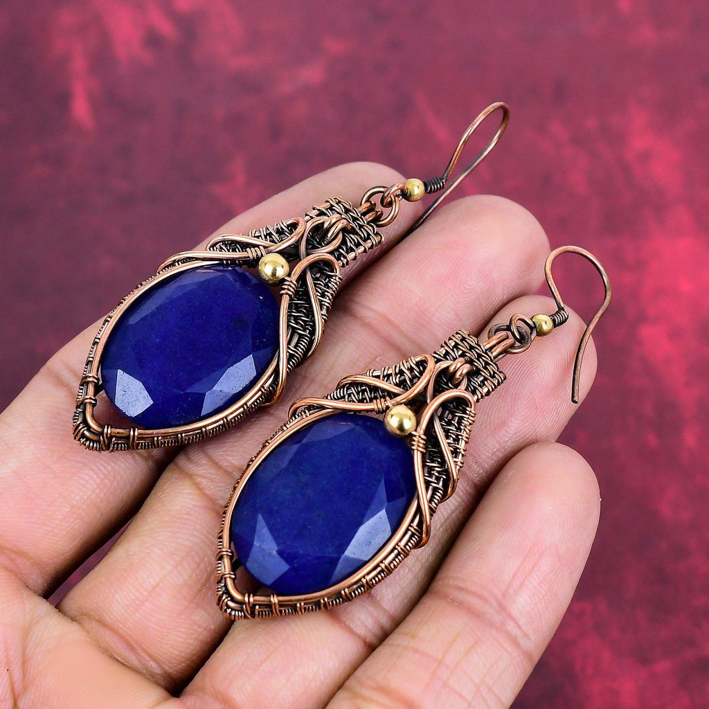 Faceted Blue Sapphire Gemstone Earring Copper Wire Wrapped Earring Handmade Drop Earrings Wire Wrap Jewelry Anniversary Gifts Copper Jewelry