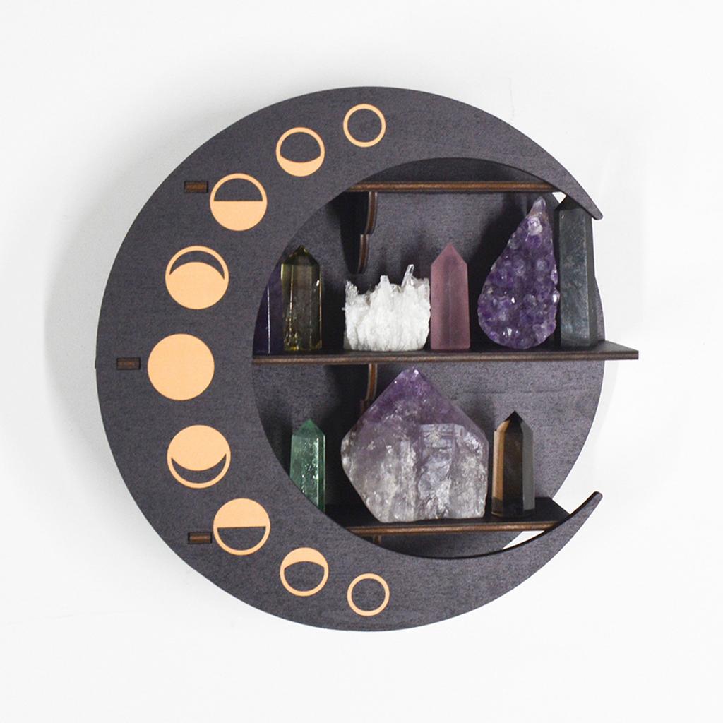 Moon Shelf for Stone and Crystal Essential Oil Display Wood Accent Shelf Storage Rack Organizer Bohemian Wall Decoration