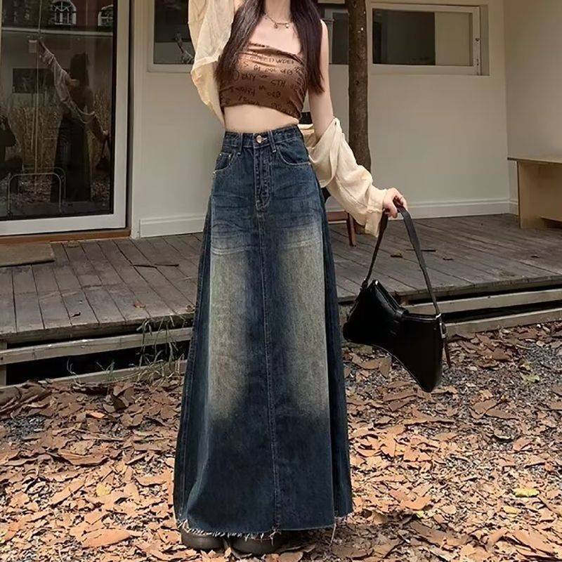Denim A Line Skirt With Vintage Wash For Casual Wear