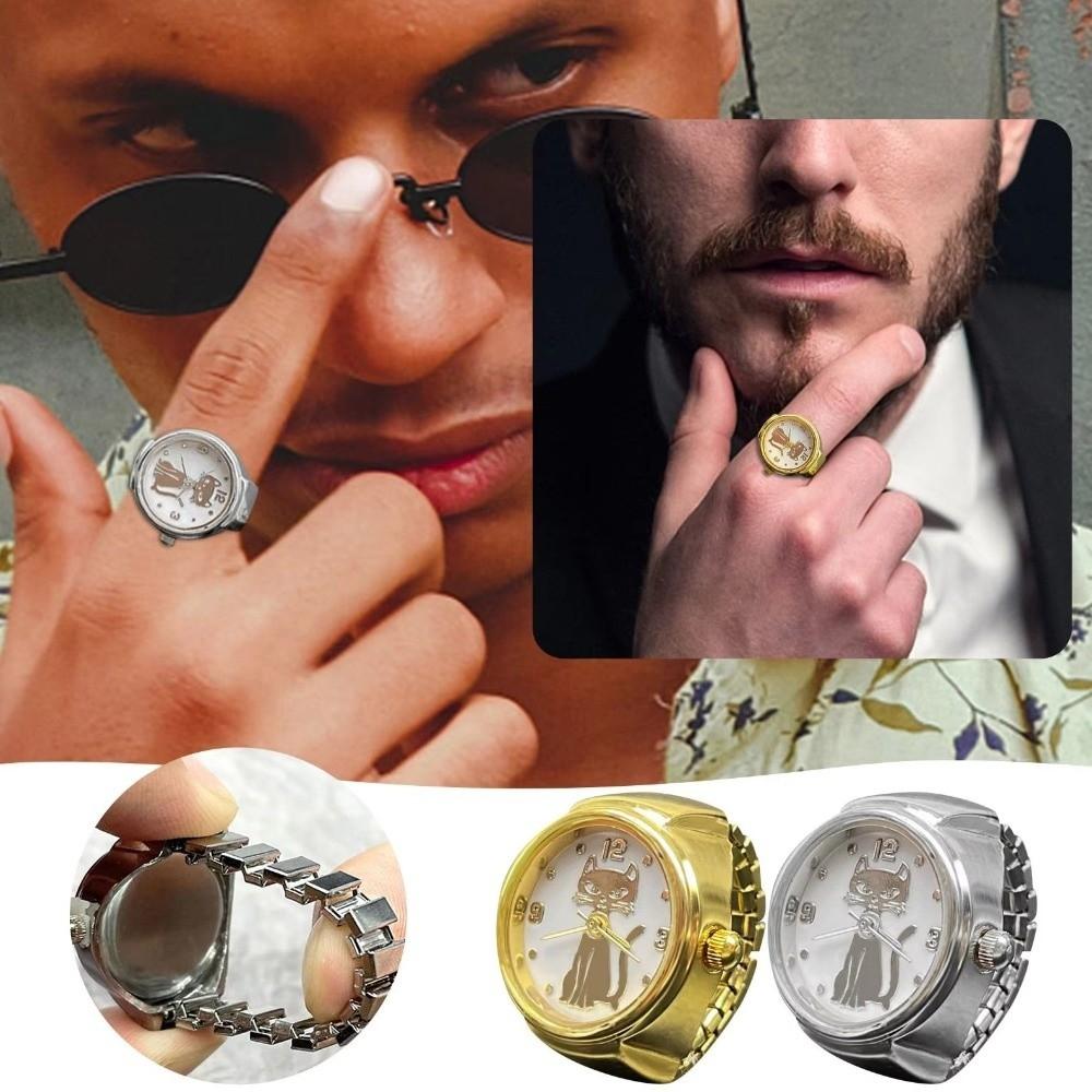 Gold Finger Ring Watch Round Cat Dial Clock Punk Quartz Watch Women