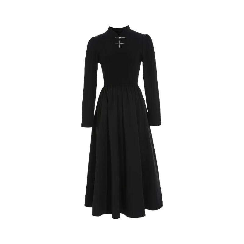 Tatu Women's New Chinese Style Knitted Patchwork Mid-length Long-sleeve Dress