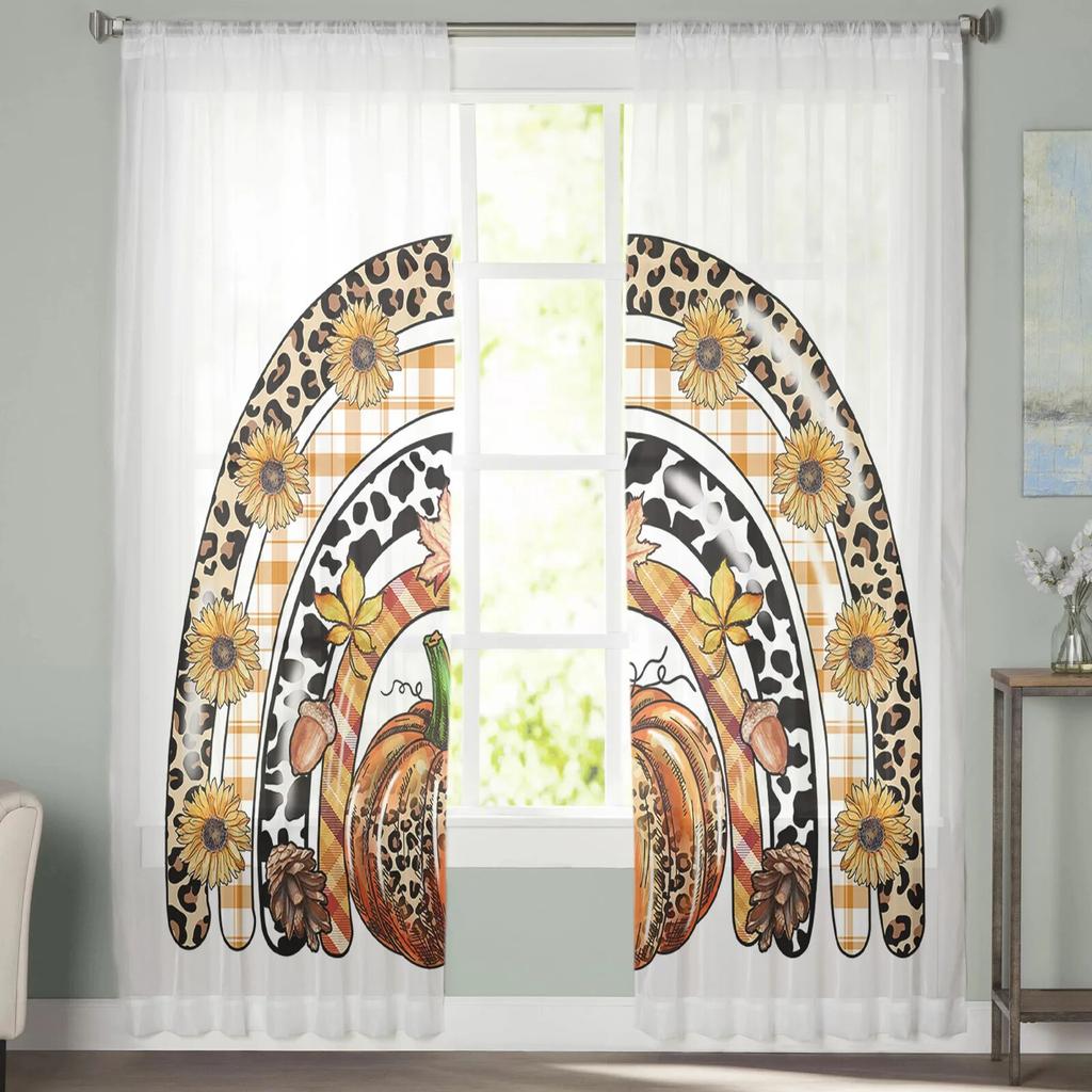 Thanksgiving Pumpkin Sunflower Leopard Skin Sheer Curtains Bedroom Living Room Voile Window Curtains Tulle Curtains for Kid Room