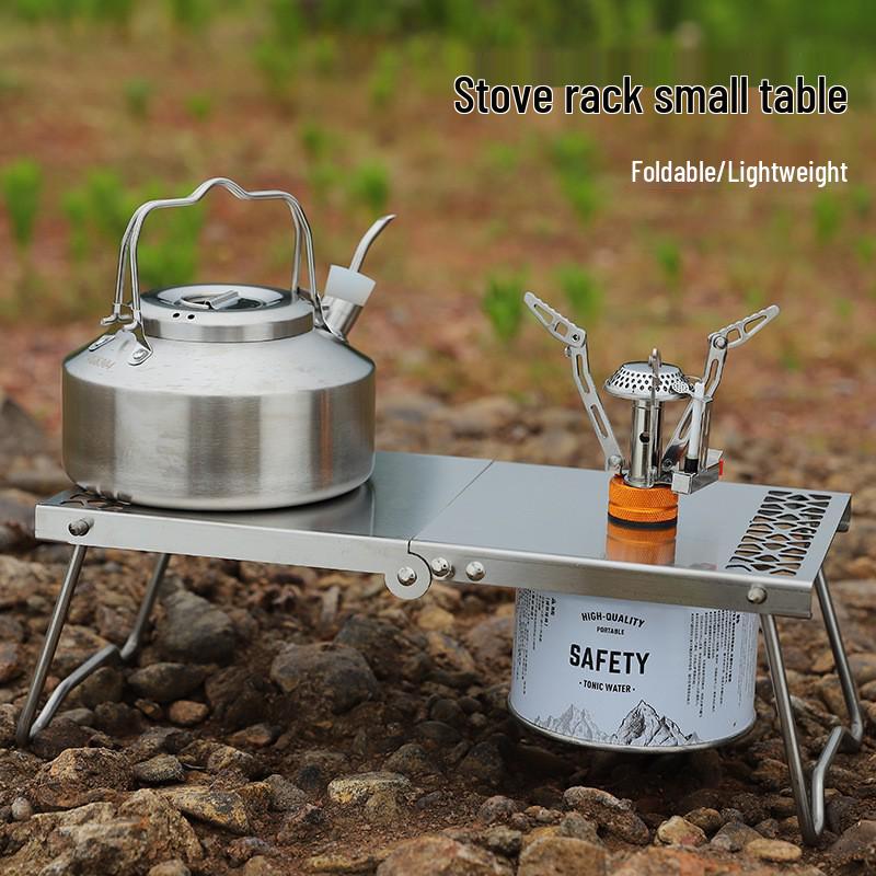 Stainless Steel Portable Folding Table: Multi-functional Tea, Picnic, Camping, Hiking, and BBQ Table with Gas Stove Compatibility.