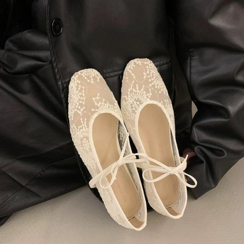 Fashion New Design Flat Shoes for Women Square Head Shallow Mouth Mesh Fabric Embroidery Butterfly Knot Soft Sole Single Shoes Mujer