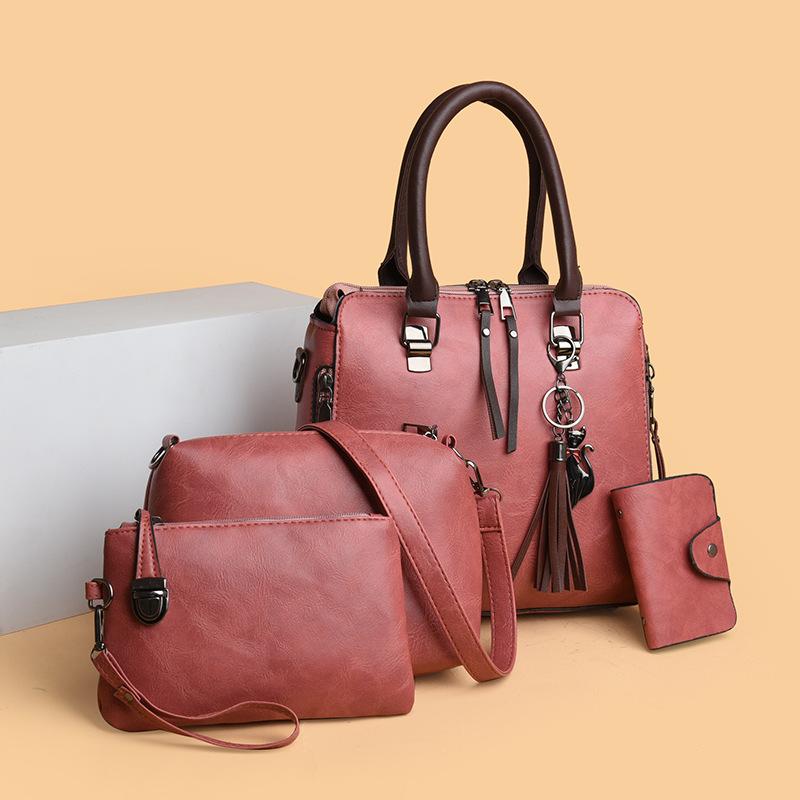 New women's bag, retro messenger bag, fashion child and mother bag, oily leather shoulder four-piece set, women's handbag.