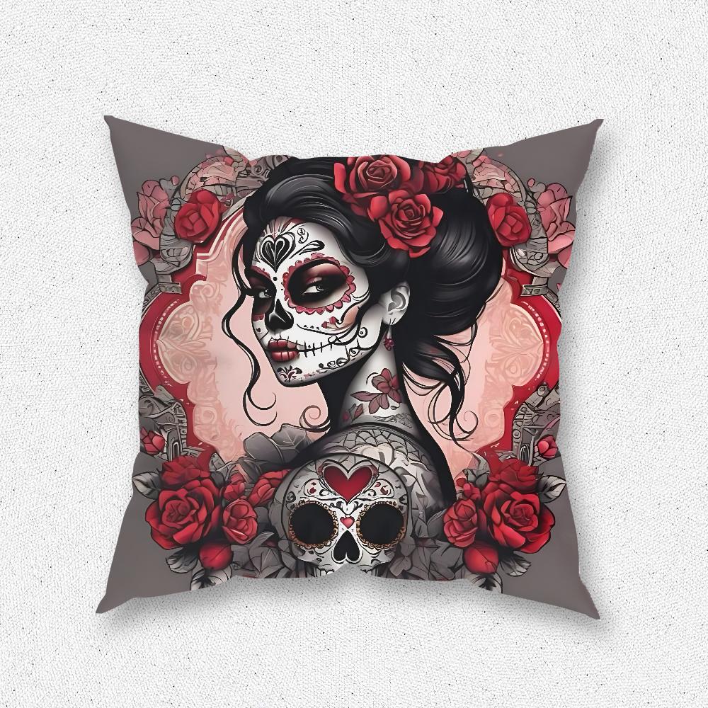 Mexican Catrina Skull Day of the Dead Pillow Case For Home Bedroom Room Decoration Living Room Sofa Cushion Cover Suitable