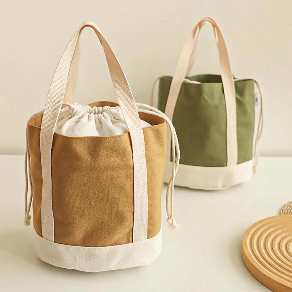 Simple large capacity women's handbag canvas insulated hand-held lunch bag drawstring student insulated lunch bag