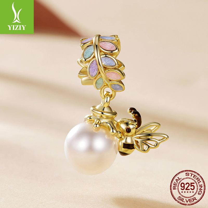 S925 Sterling Silver Plated K Gold Pearl Bee Pendant Small Fresh Insect Diy Bracelet Beaded