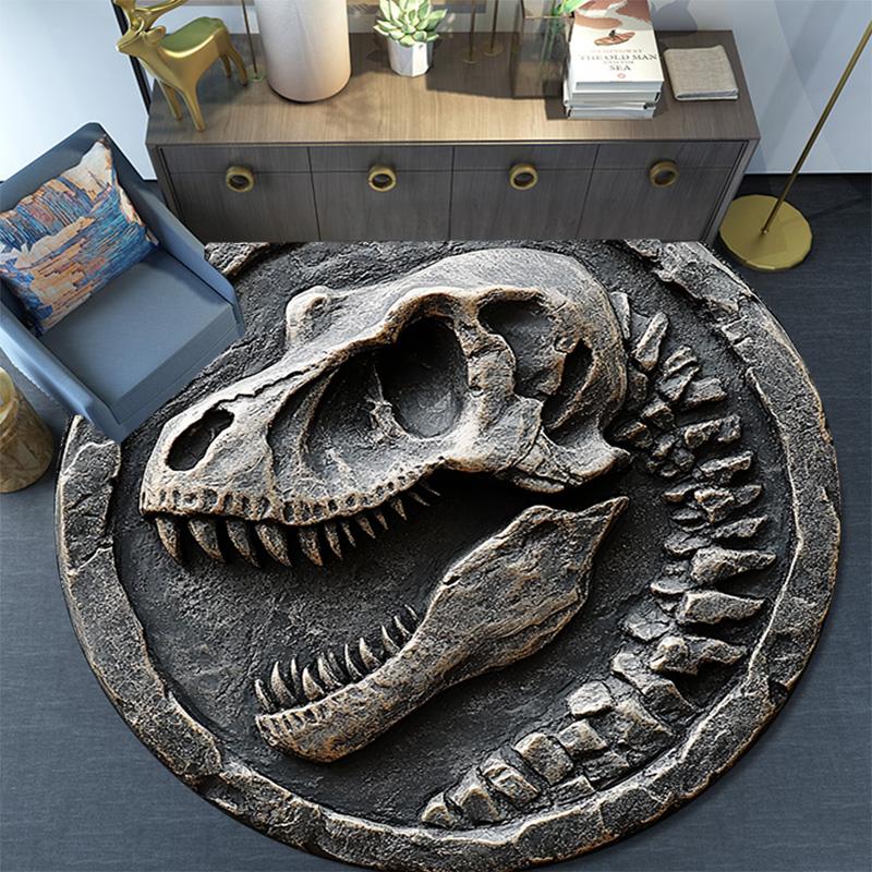 Dinosaur Skull Round Area Rug,Carpet Rug for Living Room Bedroom Sofa Playroom Decor,Non-slip Floor Mat