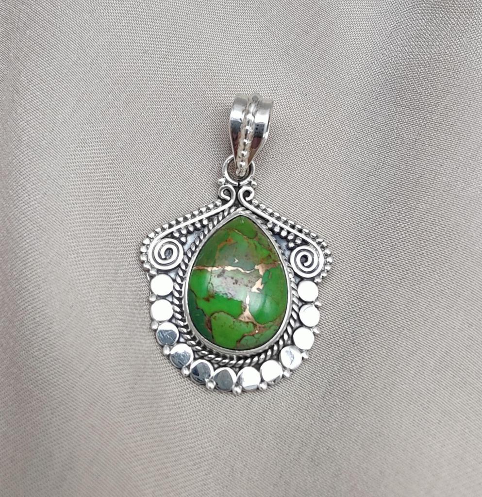 Green Copper Turquoise Pendant Necklace: 925 Sterling Silver Boho Jewelry