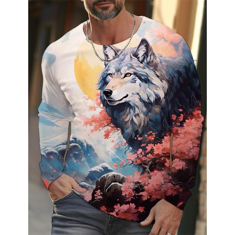 Spring and Autumn Round Neck Wolf Pattern 3D Ukiyoe Printed Top Fashionable Casual Long Sleeved Men's T-shirts