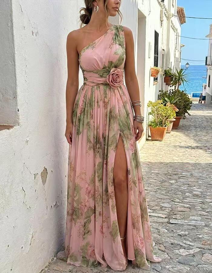 2026 new retro printing neck dress fashionable and elegant waist and thin French temperament chiffon women S розовый