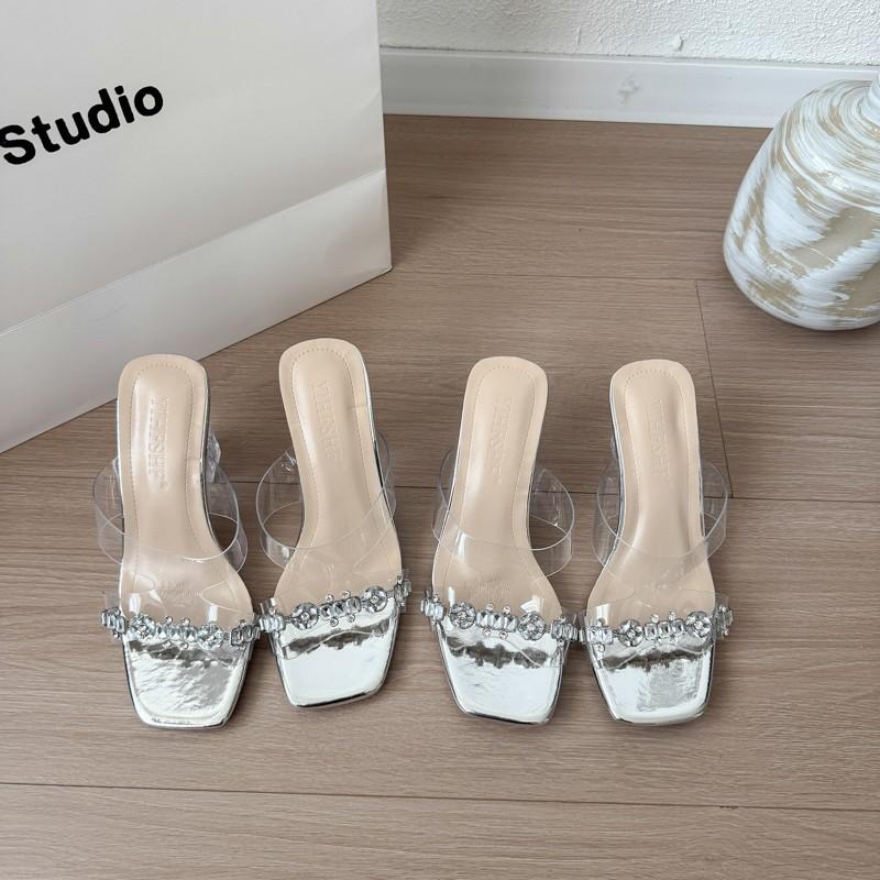 Transparent rhinestone high heels women's 2025 new thick heel wear versatile sexy temperament not tired feet open toe cool slippers