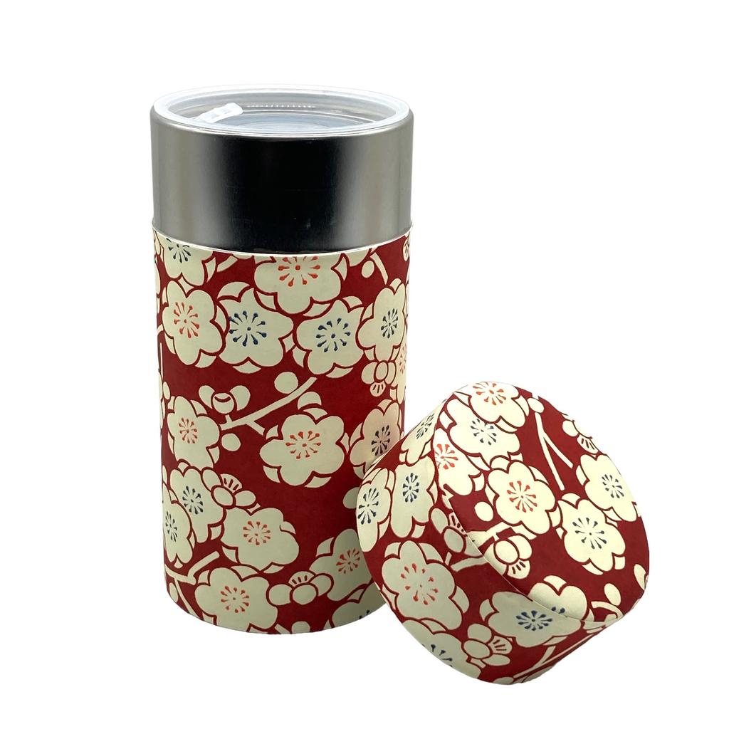 Noguchi Kumataro Tea Garden Tea Caddy, Large Capacity 200g, with Washi Paper and Inner Lid, Plum Romantic Design, Dark Red, Made in Japan, Stylish