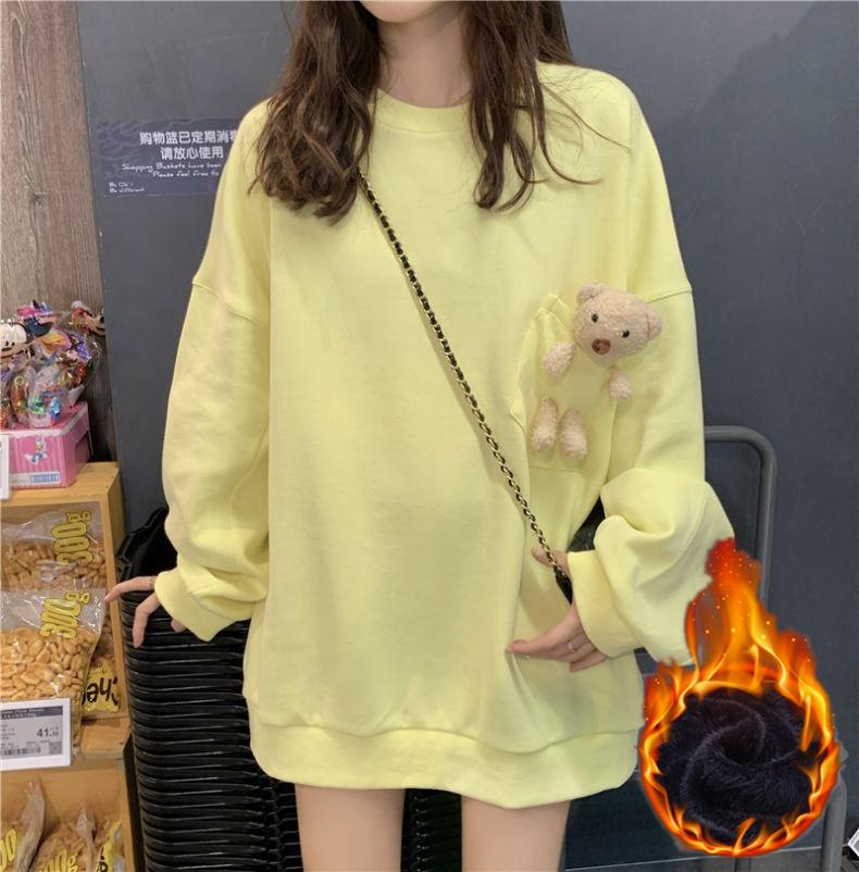 

Женский утолщенный пуловер на осень и зиму с милым длинным рукавом в виде медведя. Осенью и зимой с длинными рукавами из флиса. L жёлтый