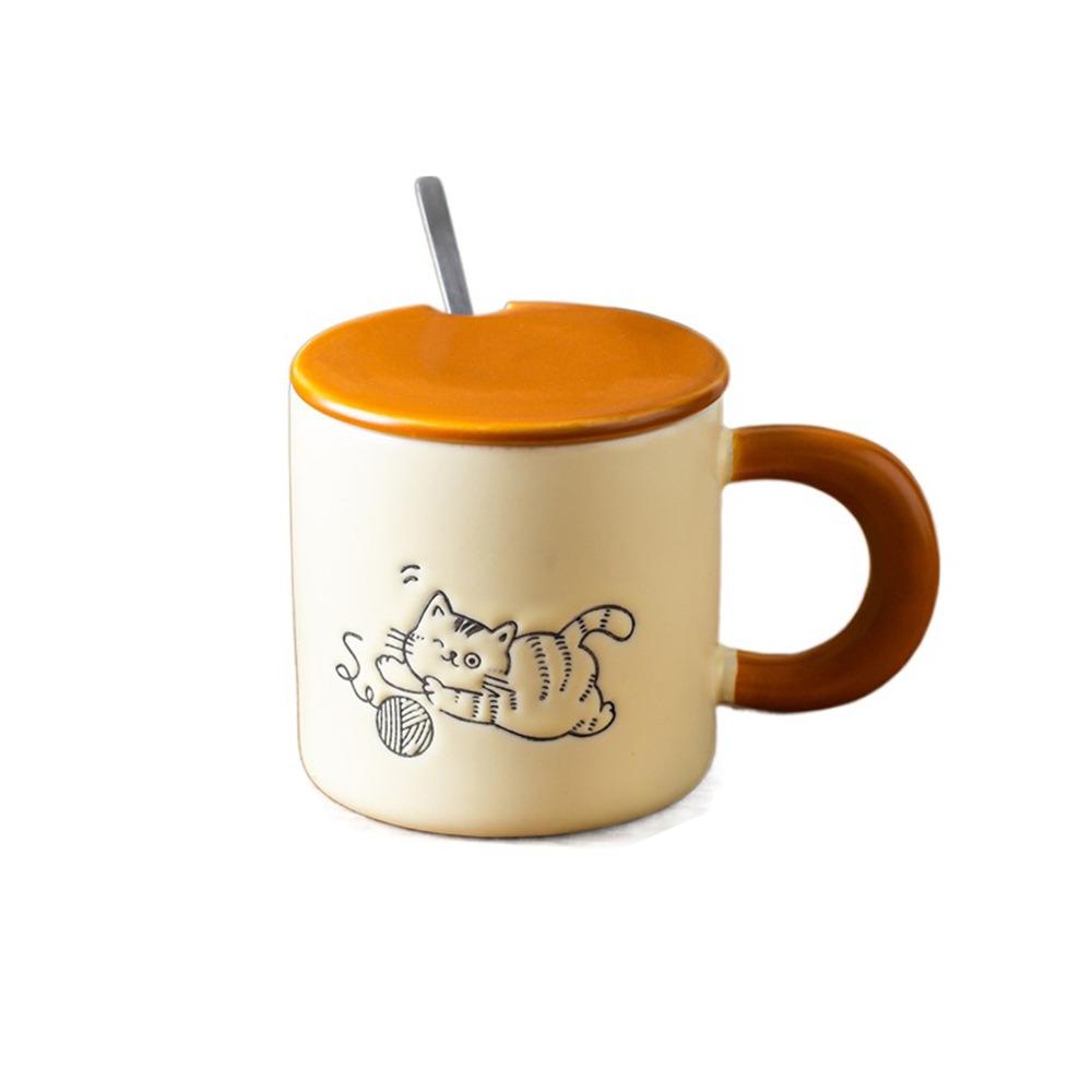 Hand Drawn Ceramic Coffee Cup with Spoon Water Cup with Lid Cartoon Cat Drinkware  Milk